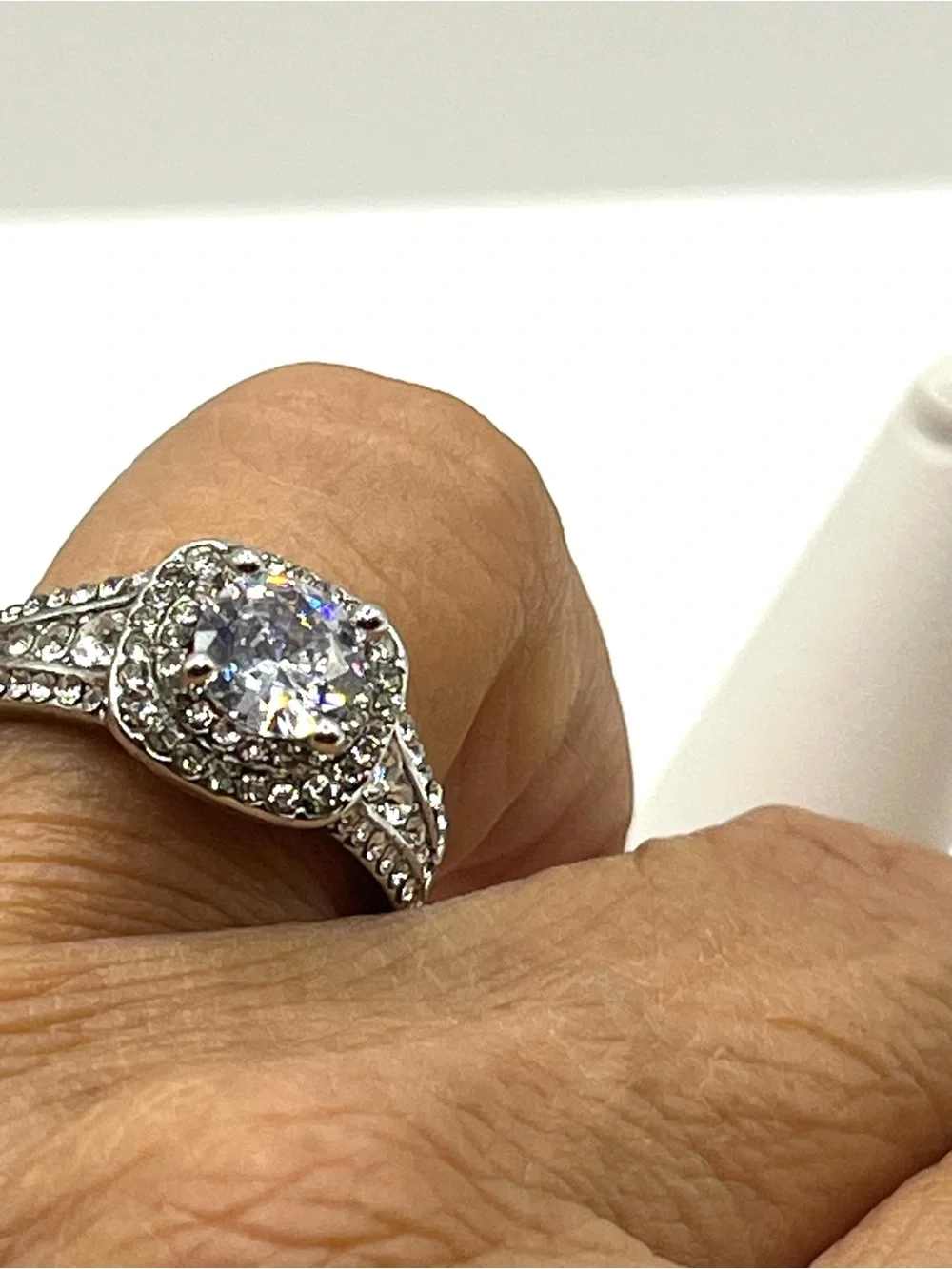 Halo Ring Engagement Ring Silver Rhodium Plated Sparkling Stones Prong Set